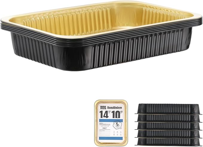 Aluminum Foil Pans, Extra Heavy Duty Disposable Aluminum Baking Pans, 14.57"×10.63" Steam Table Pans for Cooking, Heating, Storing, Prepping Roasting and Chafing (5 Pack Black and Gold)