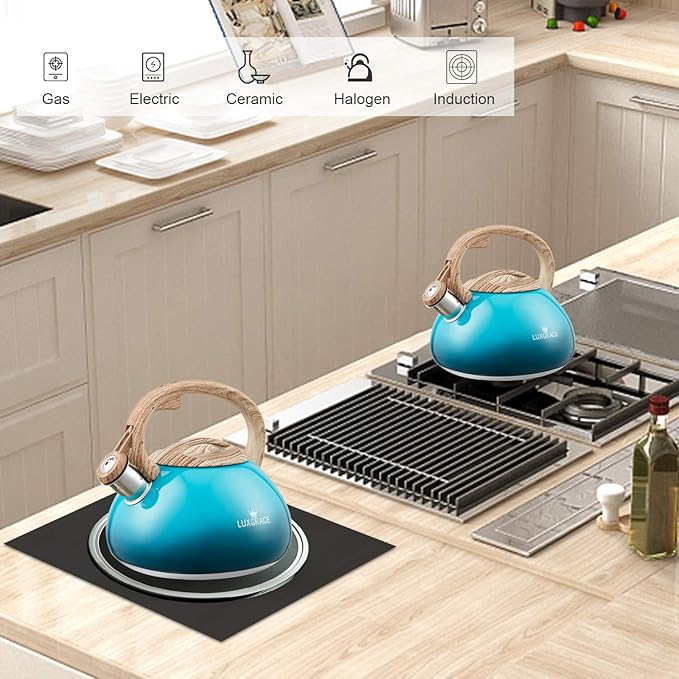 s-p Teapot Whistling Tea Kettle with Wood Pattern Handle Loud Whistle,Food Grade Stainless Steel Tea Pot for Stovetops Water Kettle(Blue)