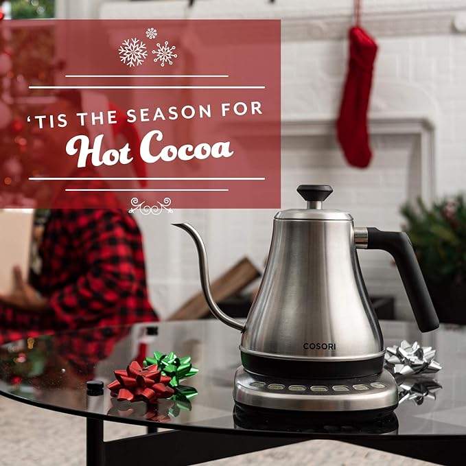 COSORI Gooseneck Electric Kettle with 5 Variable Presets, Pour Over & Coffee maker, 100% Stainless Steel Inner Lid & Bottom, 1200 Watt Quick Heating, 0.8L, Silver