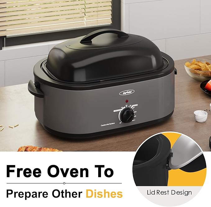 Sunvivi 22lb 18-Quart Electric Roaster Oven with Self-Basting Lid, Turkey Roaster with Unique Defrost/Warm Function, Large Oven with Removable Pan & Rack, Stainless Steel, Grey