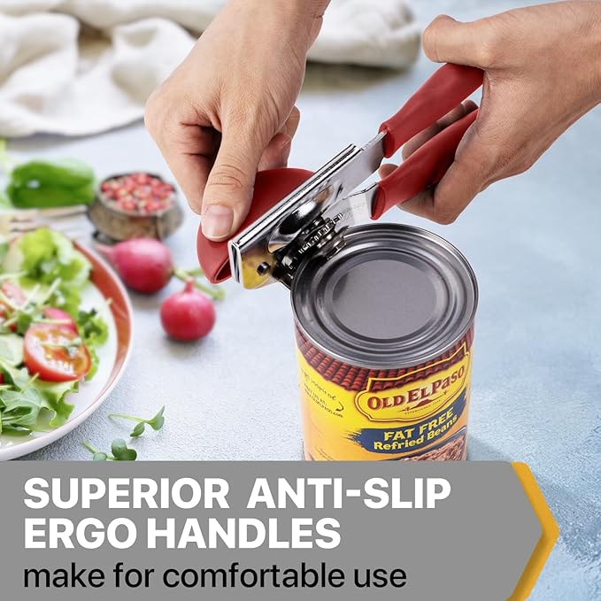 Can Opener Manual Heavy Duty, UHIYEE Hand Held Can Openers for Seniors with Comfort Grip Sharp Blade, Solid Steel Hand Manual Can Open with Magnet for Kitchen Camping, Red
