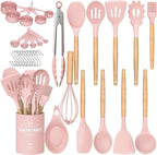 Umite Chef Silicone Kitchen Utensils Set, 33 Piece Non-Stick Kitchen Utensils with Stand, Wooden Handle, Pink