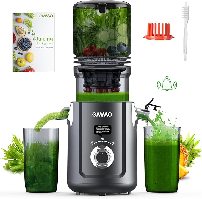 OMMO Cold Press Juicer Machines: 5.1" Wide Feed Chute Slow Masticating Juicer for Whole Fruits & Vegetables, Easy to Clean, High Juice Yield, BPA Free, Grey