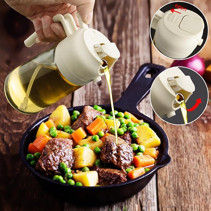 2 in 1 Glass Oil Sprayer & Dispenser,16oz/470ml Olive Cooking, Air Fryer, and Salad, for Kitchen Gadgets and Air Fryer Accessories, w/Stickers (White)