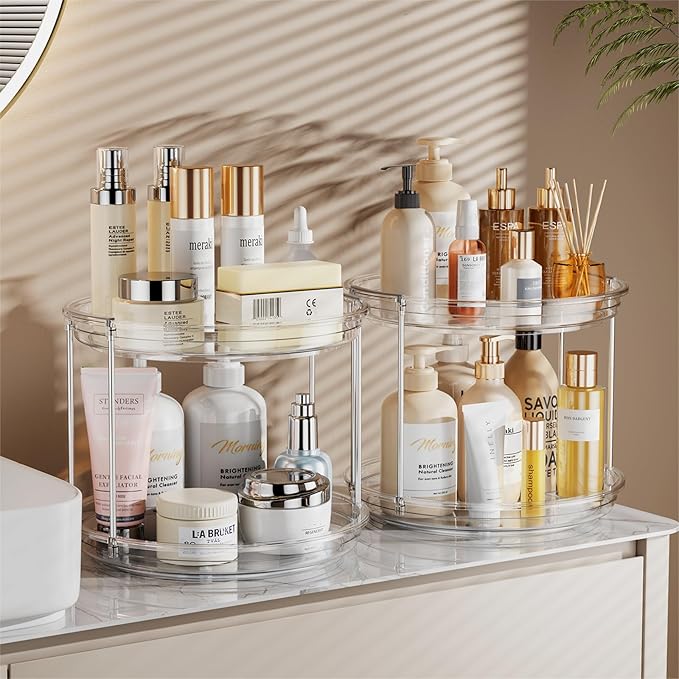 LAMU 2 Pack 2 Tier Lazy Susan Turntable Organizer 9.25'' Rotating Spice Rack Organization for Cabinet, Kitchen, Pantry, Countertop, Bathroom, Vanity, Medicine Cabinet Organizer, Clear