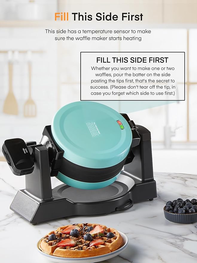 Waffle Maker, 1400W Double Belgian Waffle Iron 180° Flip, 8 Slices in 3 Mins, Rotating & Nonstick Plates, Anti-Scald, Removable Drip Tray Easy to Clean, Cool Touch Handle, Space-Saving (Mint Blue)