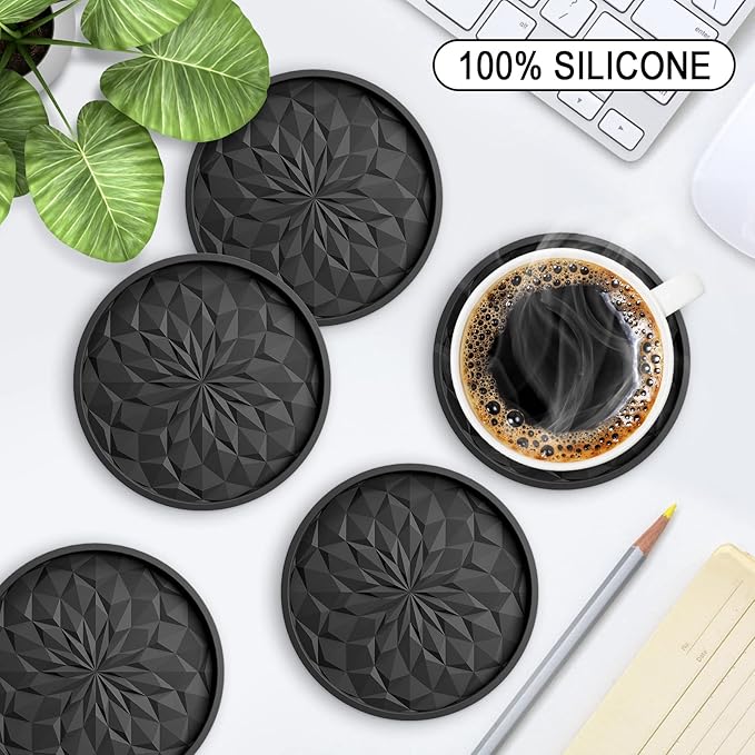 ME.FAN Silicone Coasters with Holder,[6 Pack] Drinking Coasters - Cup Mat for Hot or Cold Drinks, Thickened, Non-Slip, Non-Stick,Deep Tray Black