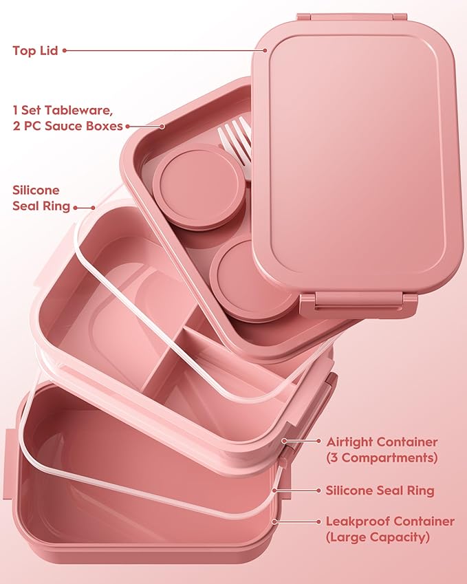 Adults Bento Box with Insulated Lunch Bag, 74oz Capacity 3 Stackable Leak-Proof Bento Box Built-In Utensil and Sauce, PFAS & BPA-Free, Microwave & Dishwasher Safe (Rose Pink)
