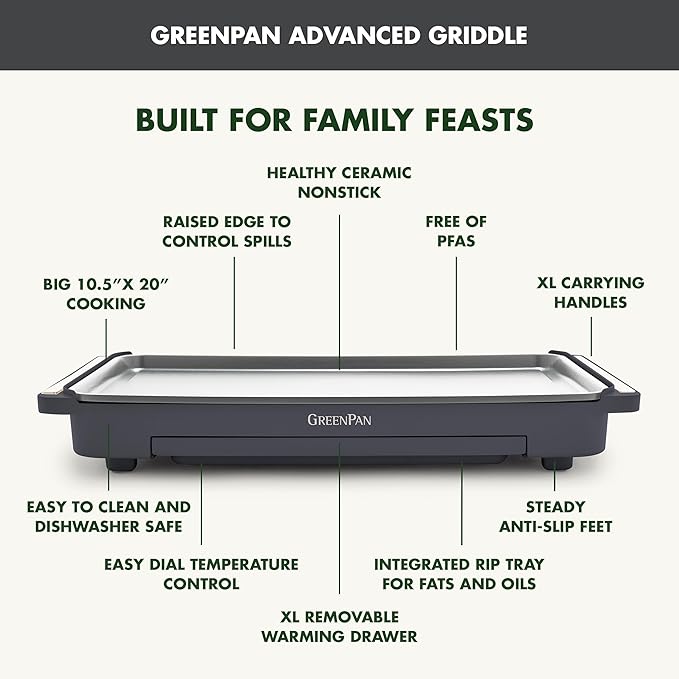 GreenPan Advanced 10.5”x 20” Electric Griddle with Warming Drawer, Healthy Ceramic Nonstick PFAS-Free Coating, Temperature Control, Easy and Versatile Countertop Meals, Dishwasher Safe, Graphite