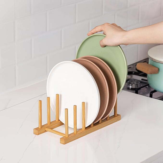 HBlife 2pcs Bamboo Dish Plate Bowl Cup Book Pot Lid Cutting Board Drying Rack Stand Drainer Storage Holder Organizer Kitchen Cabinet（Keep Dry）