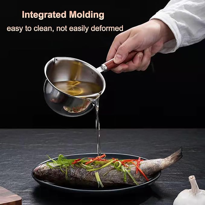 Butter Warmer Pot, Stainless Steel Milk Warmer with Wooden Handle for Seafood, Mini Butter Melting Pot Small Saucepan with Dual Pour Spouts for Stove Top Cooking (150ml)