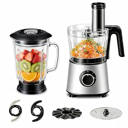 Sweetcrispy Food Processor Blender Combo for Vegetable, Dough, Electric Food Processors Slicing, 6 Cup Chopper for Meat, Puree, 2 Speeds, Sharp Blades, Safety Lock with 1.5L Glass Jar
