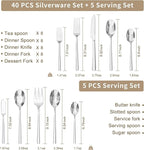 KINGSTONE Silverware Set with Serving Utensils, 45-Piece Forged Flatware Set Cutlery Set Premium Stainless Steel, Service for 8, for Kitchen, Home, Wedding, Party, Mirror Polished and Dishwasher Safe