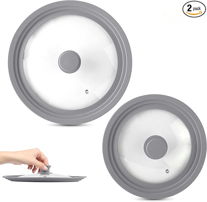 Modern Innovations Universal Lids (Set of 2) Fits 7 to 12-Inch Cookware, Silicone Replacement Pan Lid, Glass Top Covers for Skillets, Pots, Frying Pans, Cast Iron - Grey