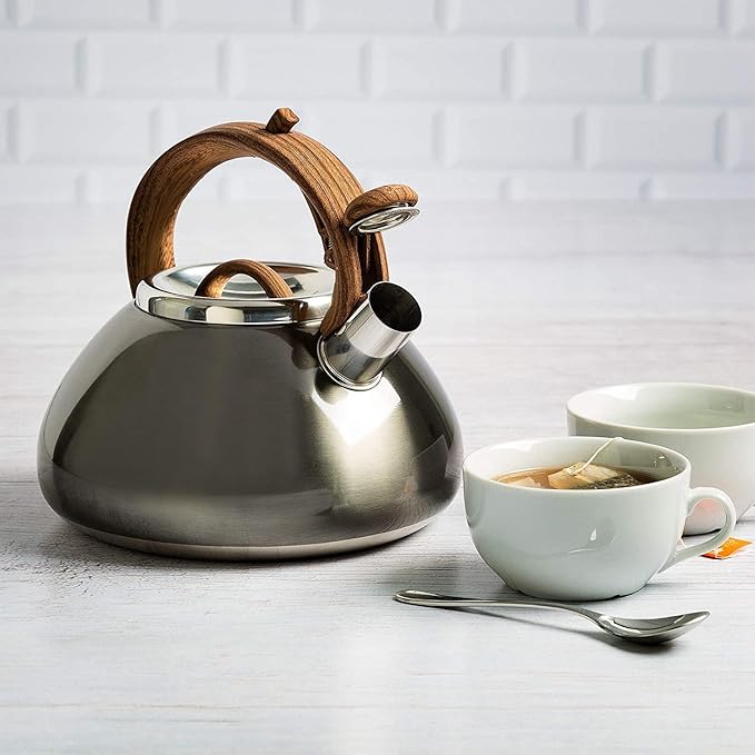 Primula Avalon Whistling Stovetop Tea Kettle, Food Grade Stainless Steel Wide Mouth, Fast to Boil, Cool Touch Handle, 2.5-Quart, Gunmetal Grey and Wood-Look