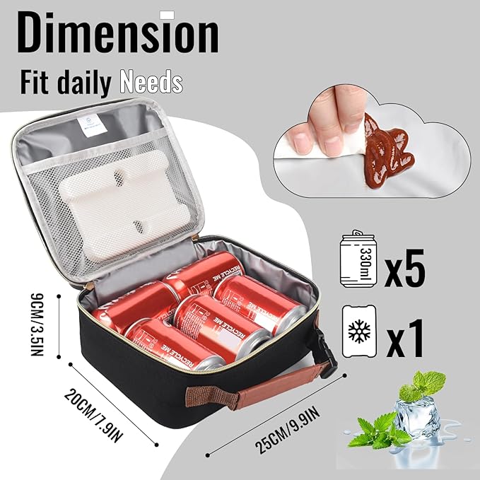 Genteen 2 Packs Lunch Box for Men Women Adults Kids - Insulated LunchBox Reusable, Zip Closure & Buckle Handle, Portable Cooler for Work, School, Travel (Black+White)