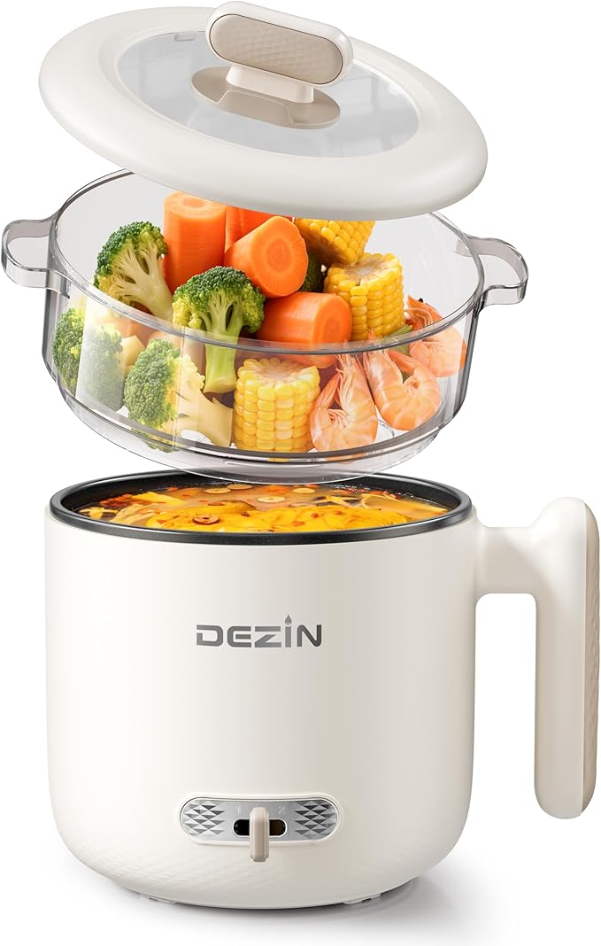 Dezin Electric Pot with Steamer, 1.8L Dual Power Ramen Cooker, Portable Non-Stick Hot Pot Electric for Soup, Pasta, Egg, Oatmeal, Overheat & Boil-Dry Protection, Ideal for Dorm, Office(Beige)