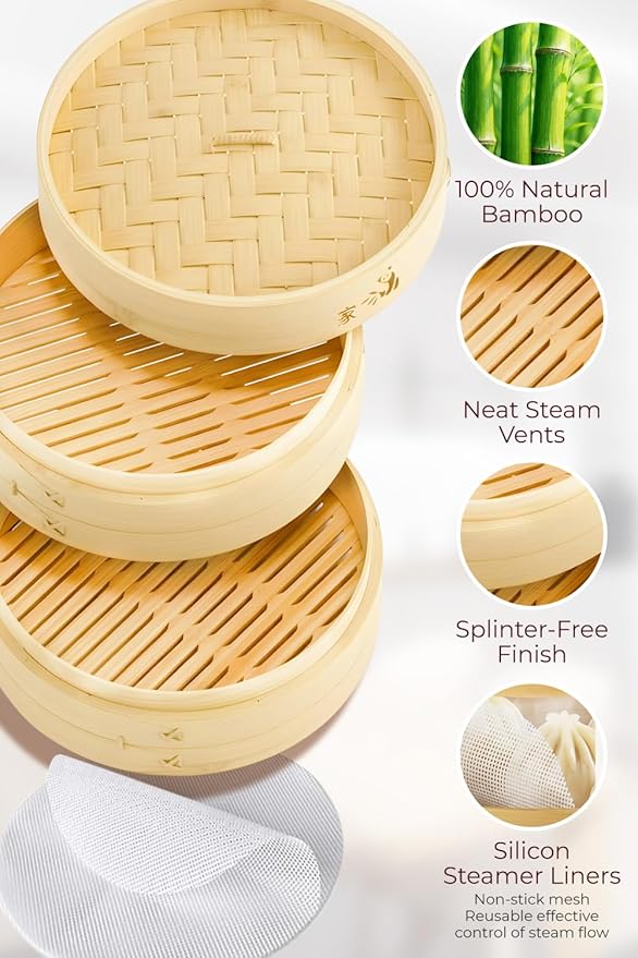 Prime Home Direct Bamboo Steamer Basket 8-Inch | 2-Tier Steamer for Cooking | 50 Liners | Small Instant Steaming Cookware Asian Food, Bao Buns, Chinese, Dim Sum, Dumpling, Rice, Vegetable Steam Pot