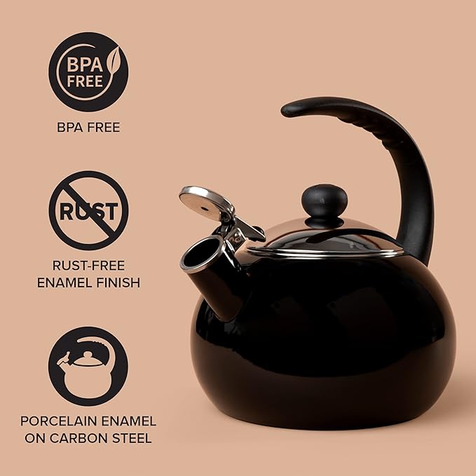 Farberware Luna Water Kettle, Whistling Tea Pot, Works For All Stovetops, Porcelain Enamel on Carbon Steel, BPA-Free, Rust-Proof, Stay Cool Handle, 2.5qt (10 Cups) Capacity (Black)