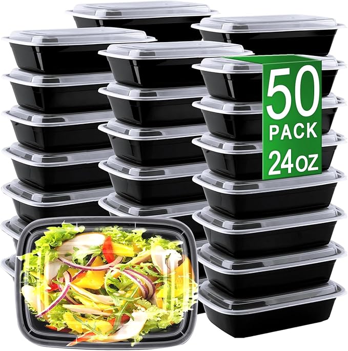 Meal Prep Containers, 50 Pack 24oz (100-Piece) Disposable Take Out Food Storage Containers with Leakproof Lids, Reusable Plastic To Go Lunch Boxes, BPA Free, Microwave/Dishwasher/Freezer Safe