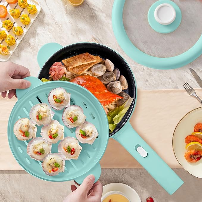 Dezin Hot Pot Electric, 2L Non-Stick Sauté Pan, Rapid Noodles Cooker, Mini Portable Pot for Steak, Egg, Fried Rice, Ramen, Oatmeal, Soup with Power Adjustment & Spatula, College Dorm Room Essential
