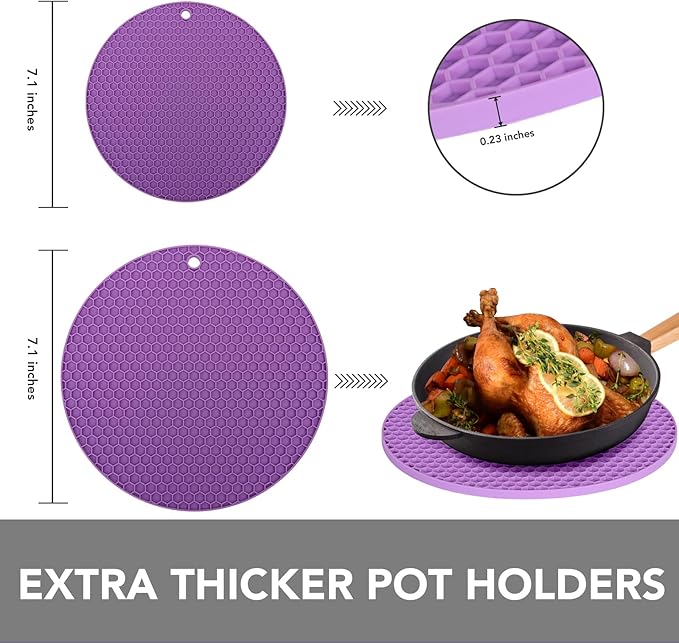 Joyhalo Trivets for Hot Dishes - Hot Pads for Kitchen, Silicone Pot Holders for Hot Pots and Pans, Silicone Mats for Kitchen Countertops, Table, Flexible Easy to Wash and Dry, Purple