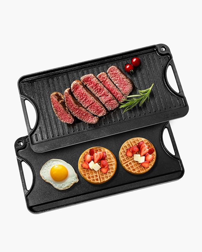VEVOR Reversible Grill/Griddle, 20x10 inch Pre-Seasoned Cast Iron Griddle, Portable Rectangular Pan with Handle, Family Cookware for Indoor/Outdoor Stove Top Burner, Gas, Camping BBQ, Black