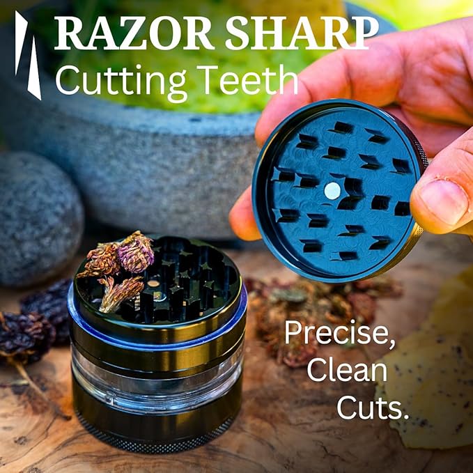 Clear Cut 4 Piece Herb Grinder – 2.75" Manual Dry Herb Grinder, Spice Mill with Transparent Storage Chamber & Diamond-Sharp Teeth, Aluminum Alloy, Portable, Easy-Clean Design