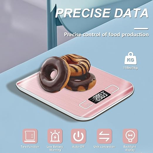 Food Scale, 11lb Kitchen Scale with 6 Units Tare Function & LCD Display, 0.05oz/1g Stainless Steel Digital Food Scale Grams and Ounces for Baking, Cooking, Dieting and Meal Prep (Pink)
