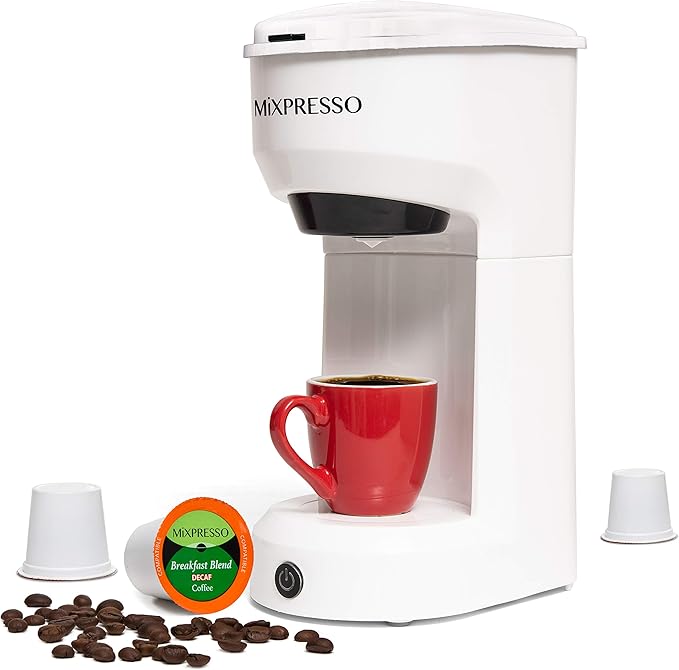 Mixpresso 2-in-1 Single Serve Coffee Maker - K-Cup & Ground Coffee Compatible - Fast 2-3 Min Brewing - Compact 14oz White Coffee Machine for Home Office
