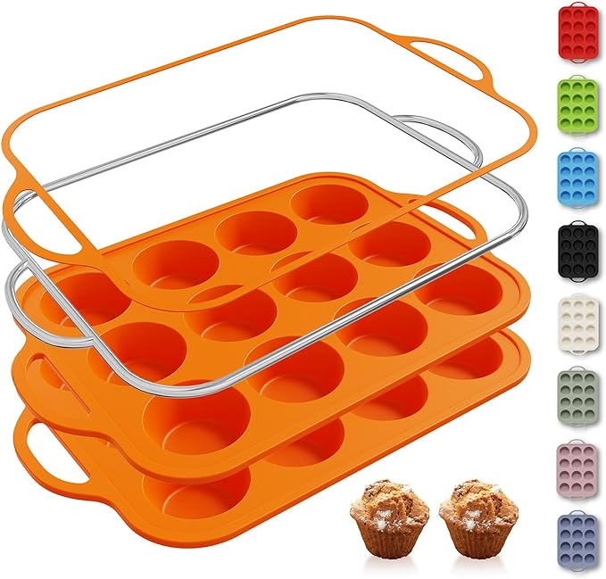 2 Packs 12 Cups Silicone Muffin Pan with Metal Reinforced Frame Regular Size Cupcake Pan Tray Egg Bites Silicone Cookie Molds Muffin Tin Tart Pans Baking Set for Easter Christmas holiday Cookie