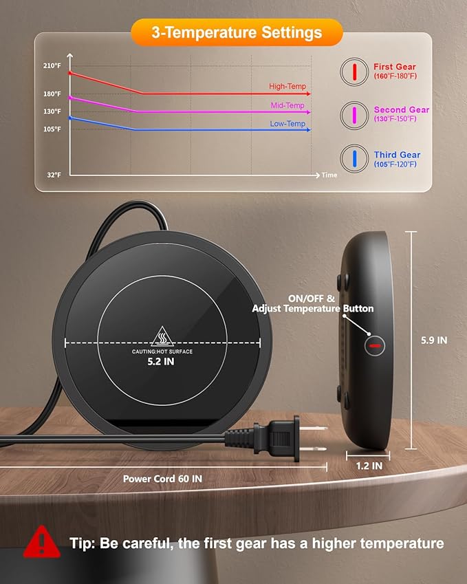 SWEETFULL Coffee Mug Warmer, 36W Electric Coffee Cup Warmer for Desk with 3-Temp Settings Advanced Temperature-Controlled Beverage Warmers Heating Plate for Coffee, Milk, Tea, Candle Wax - Black