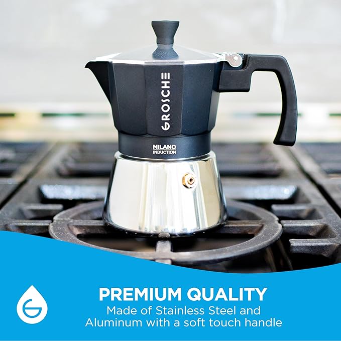 GROSCHE Milano Induction Stovetop Espresso Maker Moka Pot for Greca, Induction, Electric & Gas Stoves, Dishwasher Safe Stovetop Espresso Maker | 3 Espresso Cup, Black
