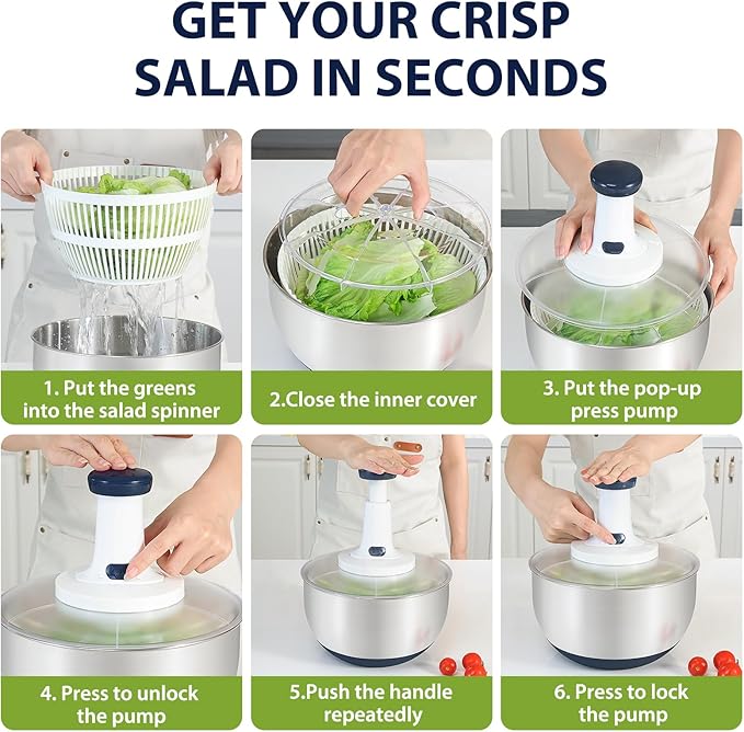 Rorence 3 in 1 Stainless Steel Pump Salad Spinner Food Chopper Set: Large Collapsible Lettuce Spinner, Chopper for Vegetable Slicer and Dicer, 5 QT Mixing Bowl with 5 Graters