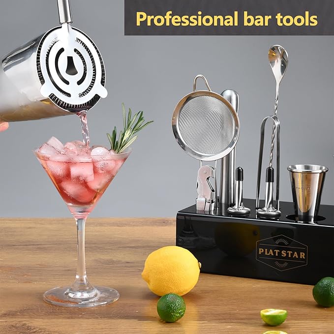 Mixology Bartender Kit with Stand, Home Bar Set Cocktail Shakers Bartending Kit, Bar Tools Boston Shaker Set, Professional Drink Mixing Martini Making Barware with Recipe Book