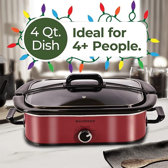 Magnifique 4-Quart Slow Cooker with Casserole Manual Warm Setting - Perfect Kitchen Small Appliance for Family Dinners, Dishwasher Safe Crock, Red