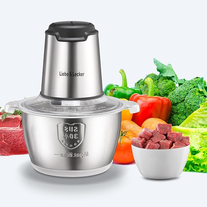 Liebe&Lecker Food Processor, Meat Grinder with 1 Bowl 8 Cup, Electric Food Chopper with 4 Large Sharp Blades for Meat, Fruits, Vegetables, Baby Food, Nuts, 2 Speed