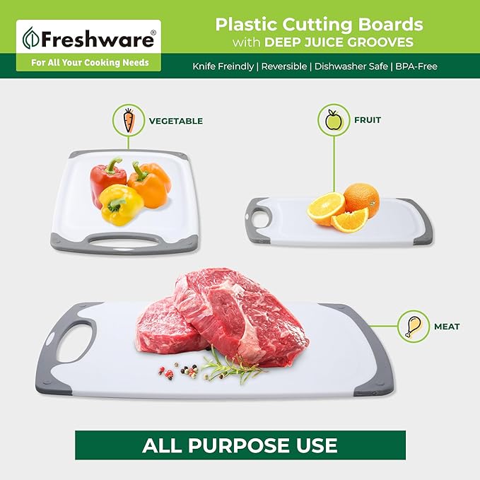 Freshware Cutting Boards for Kitchen, Chopping Board 3-Pack with Different Sizes, Juice Grooves and Non Slip Handles - Reversible, Large Cutting Board Set - Dishwasher Safe - Gray