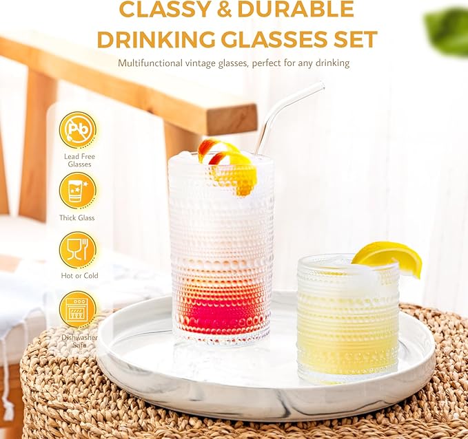 Hobnail Drinking Glasses Set of 12, 11.8 oz Vintage Glasses Drinking Set & 10 oz Cocktail Glasses Set, Embossed Glass Cups for Kitchen, Beer, Juice, Cocktail, Whiskey, Milk