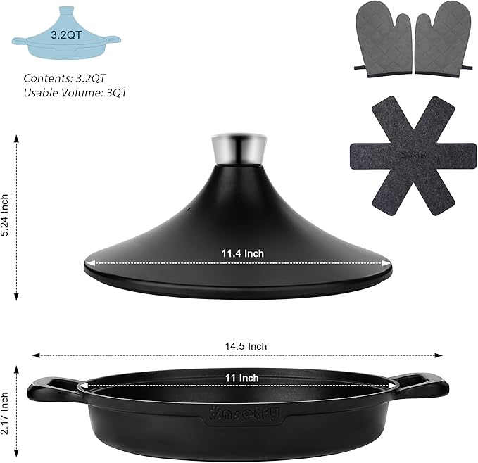 Non-Stick Frying Pan/Skillet 11", 3QT Tagine Pan,Cast Aluminum Pans with Lid, Stove/Oven-to-Table Cookware, Dishwasher Safe& Compatible with All Stovetops（Black）