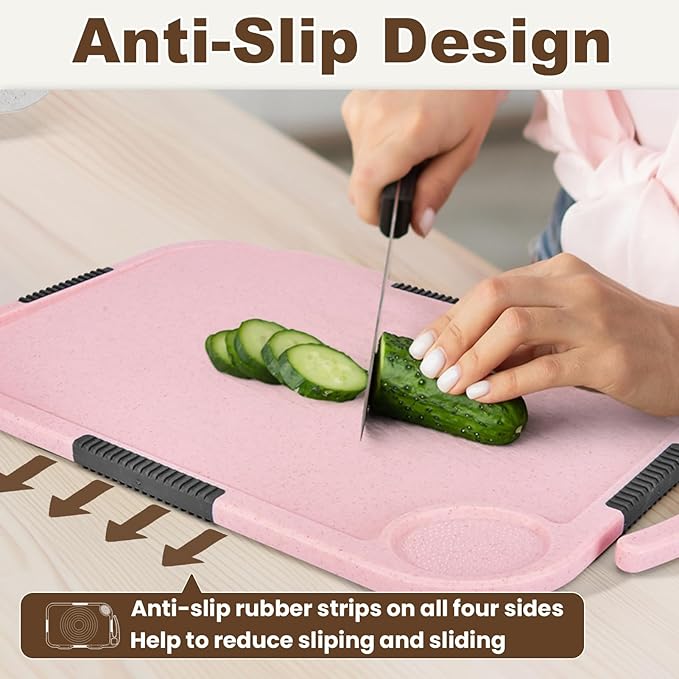 Glotoch Cutting Boards for Kitchen Set of 3, Wheat Straw Chopping Board Dishwasher Safe, BPA Free, Non Slip, 16"X10" Colored Reversible Cutting Board with Stand, Food Icons, Grinder Plate