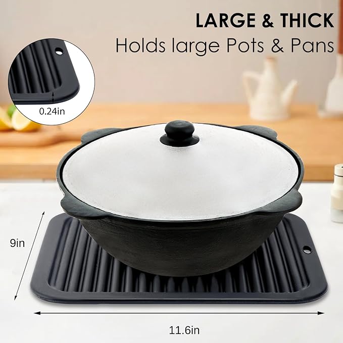 Silicone Trivets for Hot Pots and Pans, 3 Pack Heat Resistant Pot Holders for kitchen Large Silicone Trivet Mat for Hot Dishes, Black Hot Pads for Kitchen Counter, Hot Mats Spoon Rest, 9 * 12 Inches