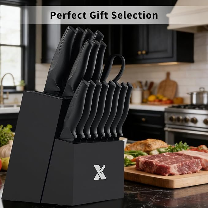 XANAPON 19-Piece Black Kitchen Knife Set with Block and Built-in Sharpener, High Carbon Stainless Steel Chef Knives Set for Kitchen with 8 Steak Knives, Ergonomic Handles, Perfect Housewarming Gift