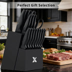 XANAPON 19-Piece Black Kitchen Knife Set with Block and Built-in Sharpener, High Carbon Stainless Steel Chef Knives Set for Kitchen with 8 Steak Knives, Ergonomic Handles, Perfect Housewarming Gift