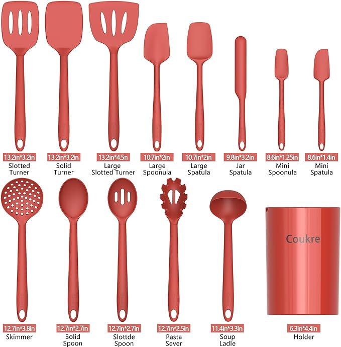 Coukre Silicone Kitchen Cooking Utensils Set with Holder – Heat-Resistant, Food-Grade Kitchen Tools, Spatula, Spoon & Gadgets for Non-Stick Pans, Dishwasher Safe (14, PureRed)
