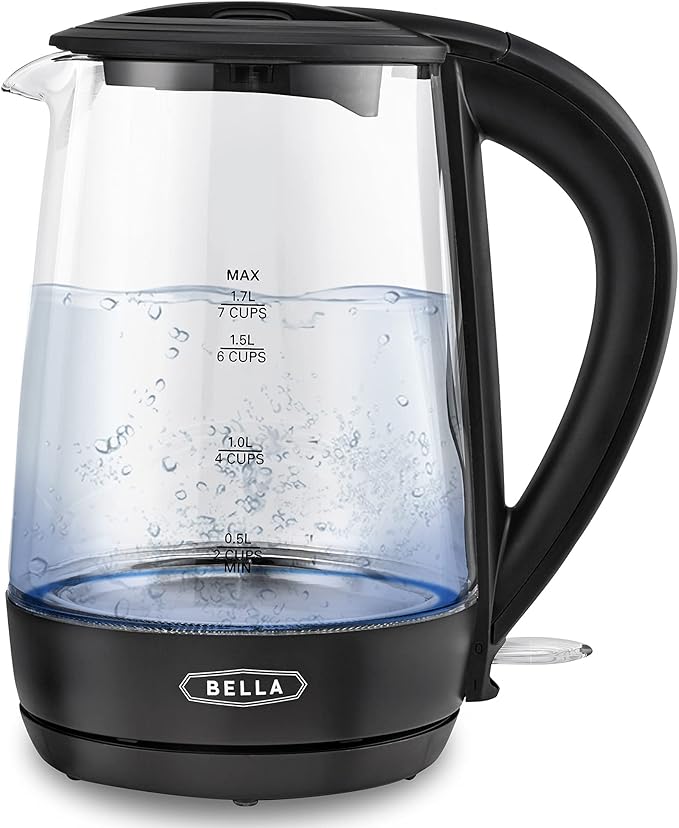 bella 1.7 Liter Glass Electric Kettle, Quickly Boil 7 Cups of Water in 6-7 Minutes, Soft Blue LED Lights Illuminate While Boiling, Cordless Portable Water Heater, Carefree Auto Shut-Off, Black