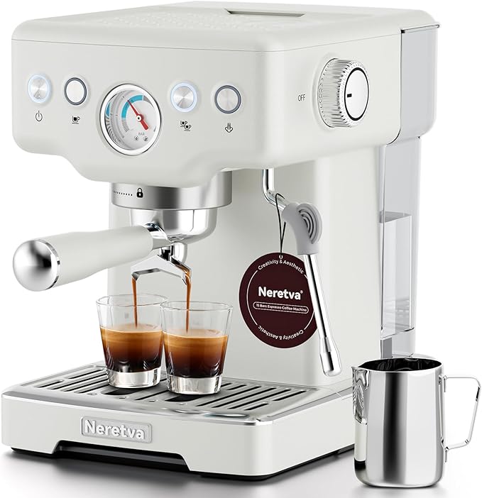 Neretva Espresso Machine, 15 Bar Espresso Coffee Machine with Visible Pressure Guage Professional Espresso Maker with Milk Frother & Stainless Steel for Home Barista Latte and Cappuccino Maker - White