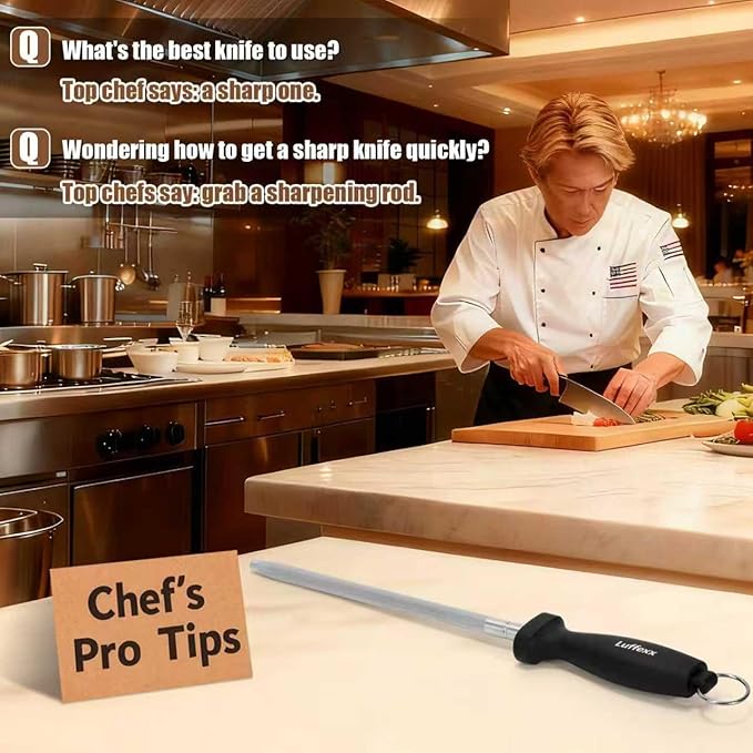 Professional 12-Inch Knife Sharpening Rod, High-Carbon honing rod to Sharpen the Knife Quickly, Perfect Knife Sharpener for Chefs and Home Cooks, Easy to Use & Sturdy