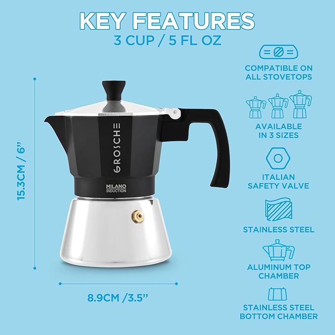 GROSCHE Milano Induction Stovetop Espresso Maker Moka Pot for Greca, Induction, Electric & Gas Stoves, Dishwasher Safe Stovetop Espresso Maker | 3 Espresso Cup, Black