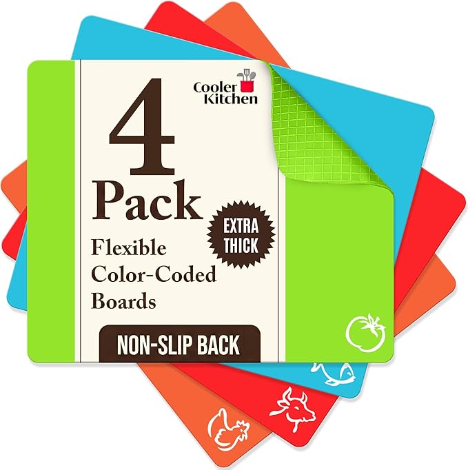 Cooler Kitchen 4 Piece Flexible Plastic Cutting Boards for Kitchen, BPA Free Plastic Cutting Mats For Kitchen - Extra Thick Chopping Mats - Mats Color Coded with Food Icons - Non Slip Dishwasher Safe